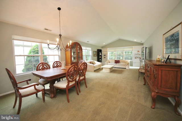 43 Glenview Way E, Gibbsboro, NJ 08026 - carpeted dining space with a chandelier, vaulted ceiling, and healthy amount of natural light