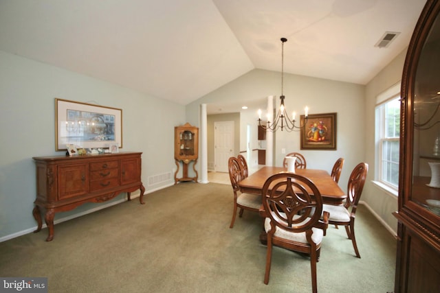 43 Glenview Way E, Gibbsboro, NJ 08026 - dining room with a chandelier, carpet, and lofted ceiling