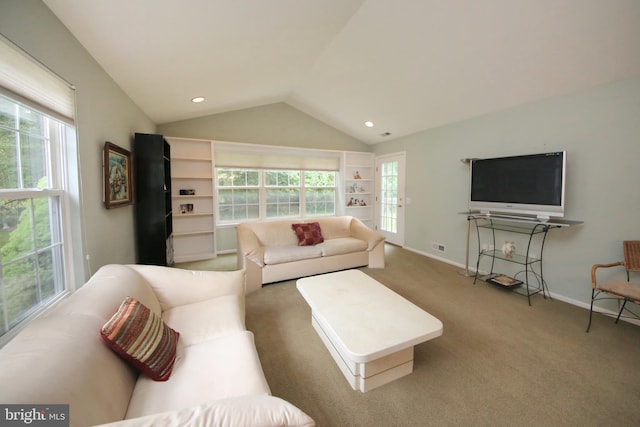 43 Glenview Way E, Gibbsboro, NJ 08026 - carpeted living area featuring lofted ceiling and recessed lighting