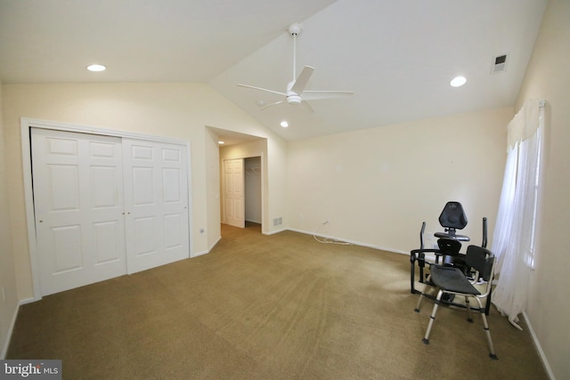 43 Glenview Way E, Gibbsboro, NJ 08026 - unfurnished office featuring ceiling fan, carpet floors, lofted ceiling, and recessed lighting