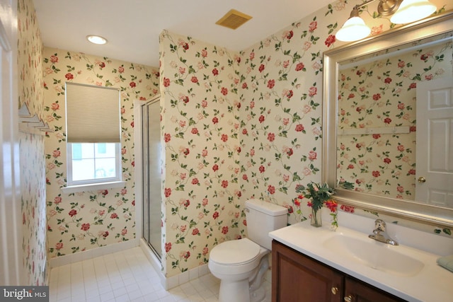 43 Glenview Way E, Gibbsboro, NJ 08026 - full bath featuring wallpapered walls, vanity, a stall shower, and tile patterned floors