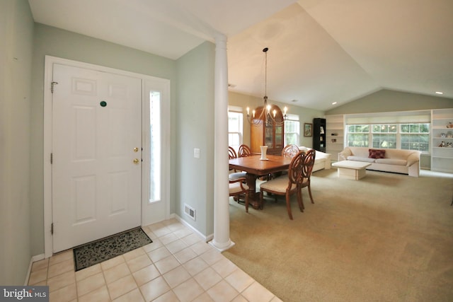 43 Glenview Way E, Gibbsboro, NJ 08026 - foyer with vaulted ceiling, a chandelier, light tile patterned flooring, decorative columns, and light colored carpet