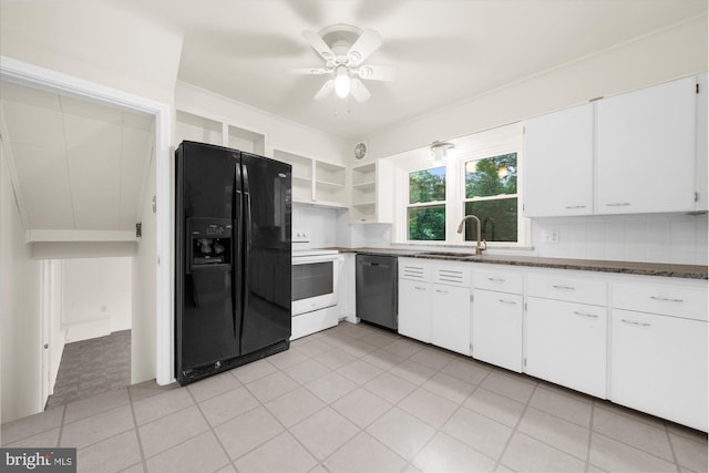 204 Opal Ave, Reading, PA 19606 - kitchen featuring black refrigerator with ice dispenser, stainless steel dishwasher, white electric range, open shelves, and white cabinets
