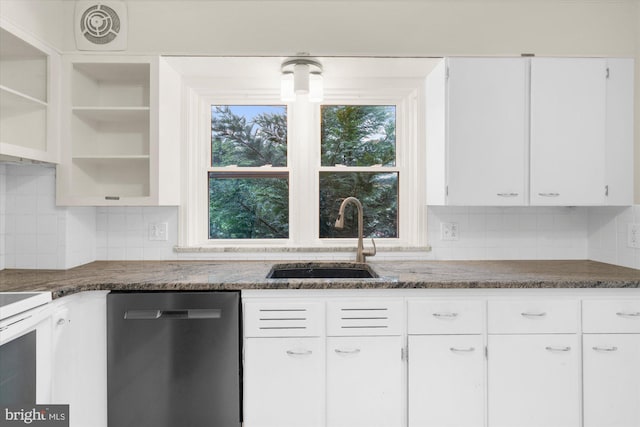 204 Opal Ave, Reading, PA 19606 - kitchen featuring dishwasher, white cabinets, tasteful backsplash, white electric range oven, and dark stone countertops