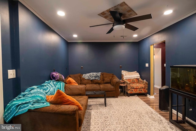 134 Catlett Mountain Rd, Front Royal, VA 22630 - living room with wood finished floors, crown molding, ceiling fan, and recessed lighting