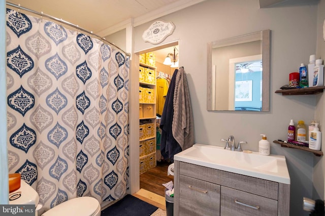 134 Catlett Mountain Rd, Front Royal, VA 22630 - bathroom with vanity, curtained shower, and wood finished floors