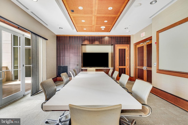 11990 Market St Unit 907, Reston, VA 20190 - dining space featuring light colored carpet, recessed lighting, a tray ceiling, and french doors