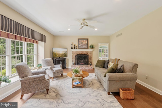 660 Casey Ln, West Chester, PA 19382 - living room featuring wood finished floors, a ceiling fan, recessed lighting, and a fireplace
