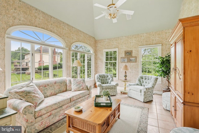 660 Casey Ln, West Chester, PA 19382 - living area with a ceiling fan, high vaulted ceiling, light tile patterned flooring, and wallpapered walls
