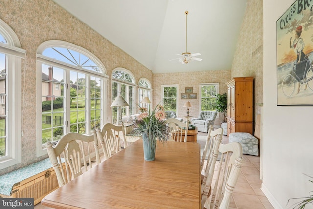 660 Casey Ln, West Chester, PA 19382 - dining space with wallpapered walls, high vaulted ceiling, light tile patterned flooring, and a ceiling fan