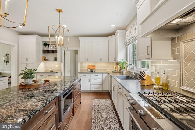 660 Casey Ln, West Chester, PA 19382 - kitchen featuring gas stove, open shelves, white cabinets, light wood finished floors, and recessed lighting