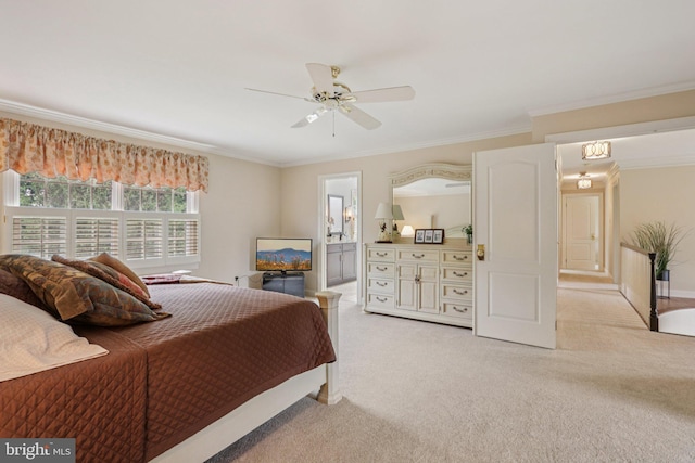 660 Casey Ln, West Chester, PA 19382 - bedroom with light carpet, crown molding, ensuite bathroom, and ceiling fan