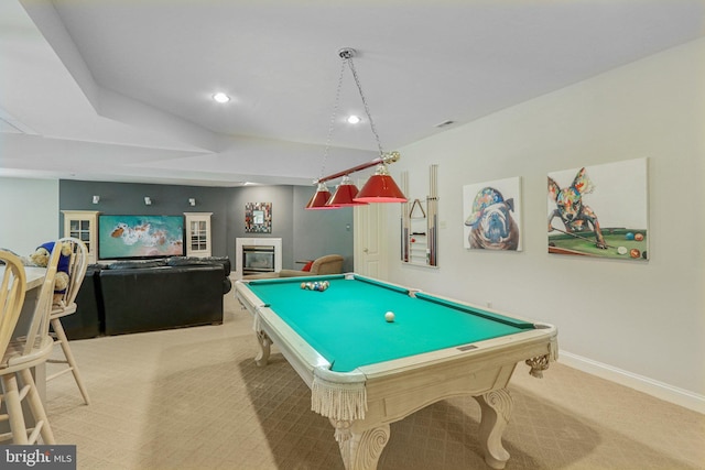 660 Casey Ln, West Chester, PA 19382 - game room with carpet floors, billiards table, recessed lighting, and a glass covered fireplace