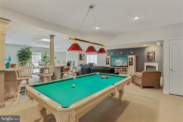 660 Casey Ln, West Chester, PA 19382 - playroom with carpet, billiards table, and a glass covered fireplace