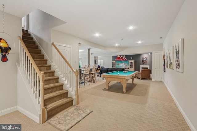 660 Casey Ln, West Chester, PA 19382 - rec room featuring pool table, light carpet, recessed lighting, decorative columns, and bar area