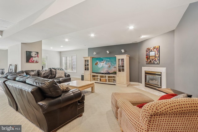 660 Casey Ln, West Chester, PA 19382 - living area with light colored carpet, a premium fireplace, and recessed lighting
