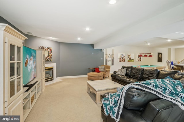 660 Casey Ln, West Chester, PA 19382 - living room featuring light carpet, a fireplace with flush hearth, recessed lighting, and billiards