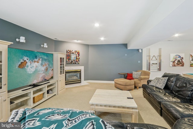660 Casey Ln, West Chester, PA 19382 - living area with light carpet, a glass covered fireplace, and recessed lighting