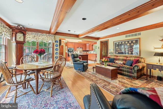 4250 Fretz Mill Rd, New Hope, PA 18938 - dining space with light wood-type flooring, beamed ceiling, and recessed lighting