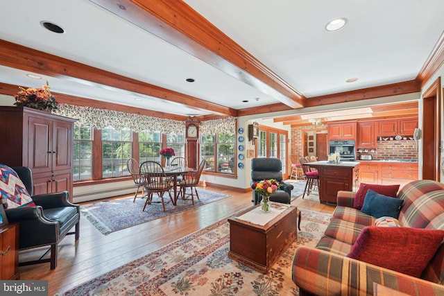 4250 Fretz Mill Rd, New Hope, PA 18938 - living area with a baseboard heating unit, light wood-type flooring, beamed ceiling, and recessed lighting