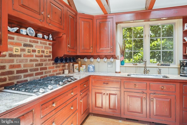 4250 Fretz Mill Rd, New Hope, PA 18938 - kitchen featuring stainless steel gas cooktop, open shelves, and light stone countertops