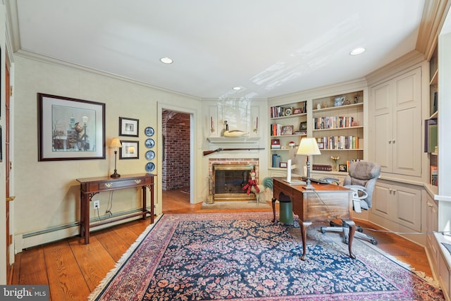 4250 Fretz Mill Rd, New Hope, PA 18938 - office space featuring wood finished floors, recessed lighting, a fireplace, baseboard heating, and crown molding