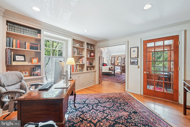 4250 Fretz Mill Rd, New Hope, PA 18938 - office featuring light wood-style flooring, healthy amount of natural light, crown molding, and recessed lighting