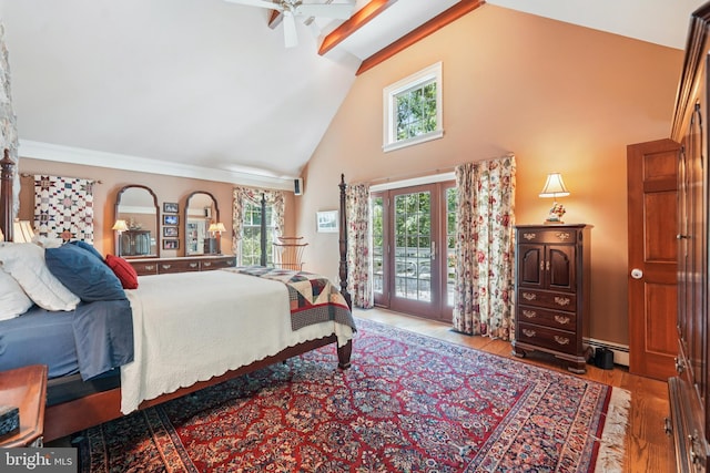 4250 Fretz Mill Rd, New Hope, PA 18938 - bedroom featuring access to exterior, wood finished floors, high vaulted ceiling, french doors, and a baseboard radiator