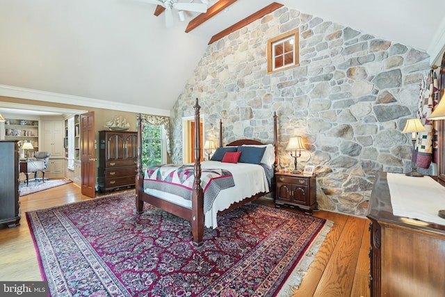 4250 Fretz Mill Rd, New Hope, PA 18938 - bedroom featuring wood finished floors, beamed ceiling, and high vaulted ceiling