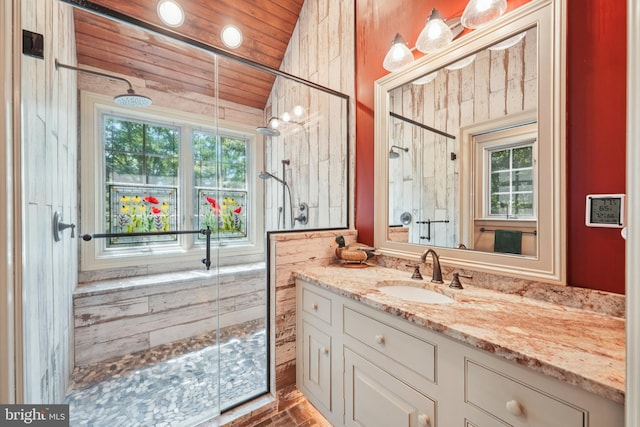 4250 Fretz Mill Rd, New Hope, PA 18938 - bathroom with plenty of natural light, a shower stall, vanity, lofted ceiling, and wooden ceiling