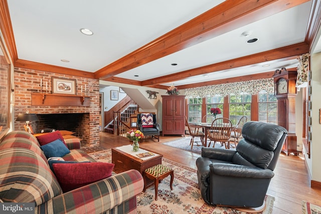 4250 Fretz Mill Rd, New Hope, PA 18938 - living room featuring stairs, light wood finished floors, beam ceiling, a fireplace, and recessed lighting
