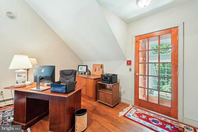 4250 Fretz Mill Rd, New Hope, PA 18938 - office area with wood finished floors, a baseboard radiator, and vaulted ceiling