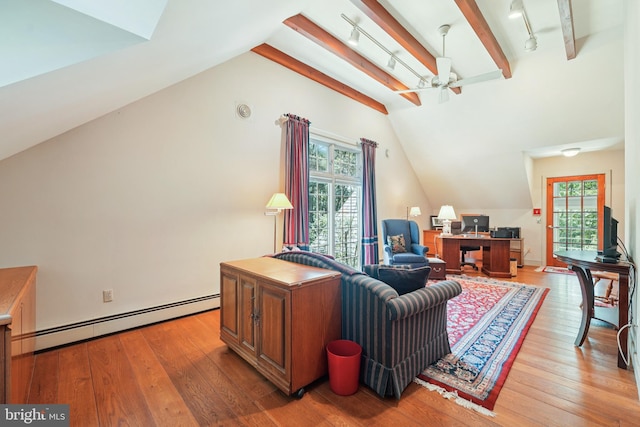 4250 Fretz Mill Rd, New Hope, PA 18938 - living area featuring a baseboard radiator, an office area, light wood finished floors, and plenty of natural light