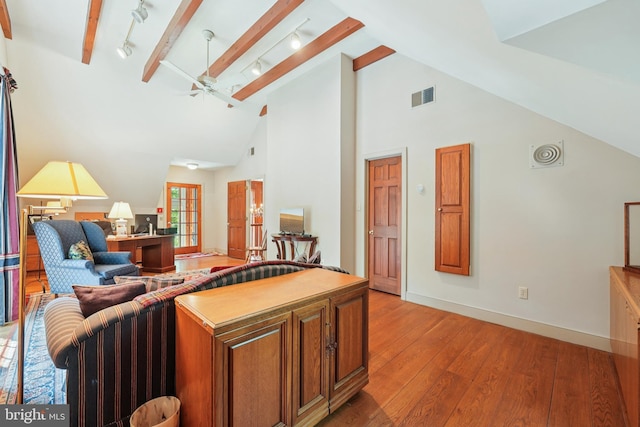 4250 Fretz Mill Rd, New Hope, PA 18938 - living room with beamed ceiling, light wood-style flooring, a ceiling fan, and high vaulted ceiling