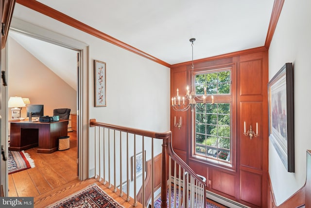 4250 Fretz Mill Rd, New Hope, PA 18938 - corridor with a chandelier, an upstairs landing, wood finished floors, crown molding, and a baseboard heating unit