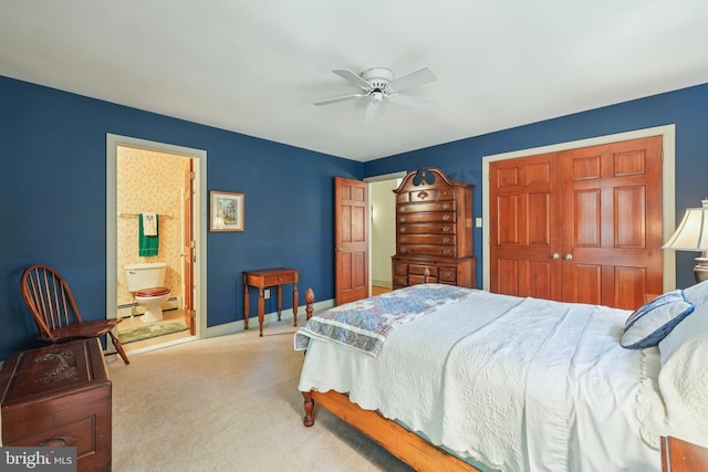 4250 Fretz Mill Rd, New Hope, PA 18938 - carpeted bedroom with a closet, baseboard heating, a ceiling fan, and ensuite bathroom