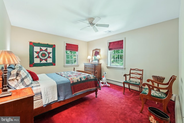 4250 Fretz Mill Rd, New Hope, PA 18938 - bedroom featuring a baseboard radiator, multiple windows, carpet floors, and ceiling fan