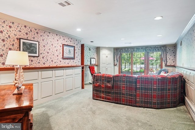 4250 Fretz Mill Rd, New Hope, PA 18938 - carpeted living area featuring wallpapered walls, ornamental molding, wainscoting, a baseboard radiator, and recessed lighting