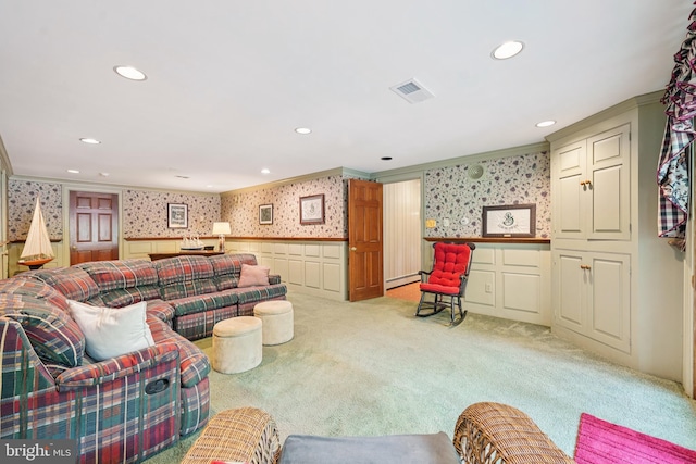 4250 Fretz Mill Rd, New Hope, PA 18938 - living area featuring wallpapered walls, ornamental molding, light colored carpet, recessed lighting, and a wainscoted wall
