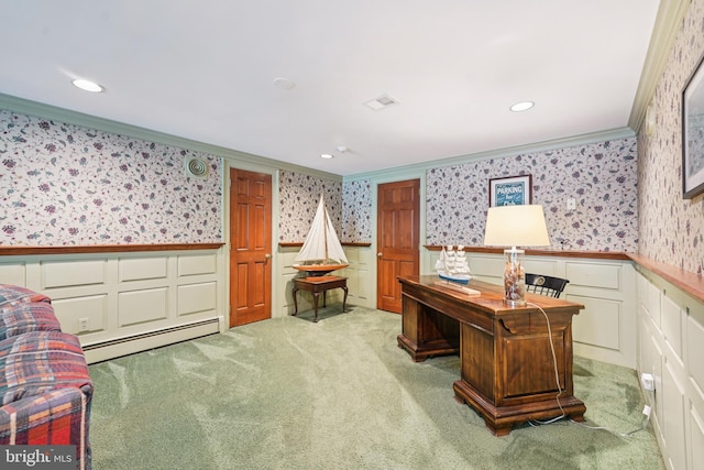 4250 Fretz Mill Rd, New Hope, PA 18938 - office space featuring wallpapered walls, crown molding, baseboard heating, wainscoting, and light colored carpet