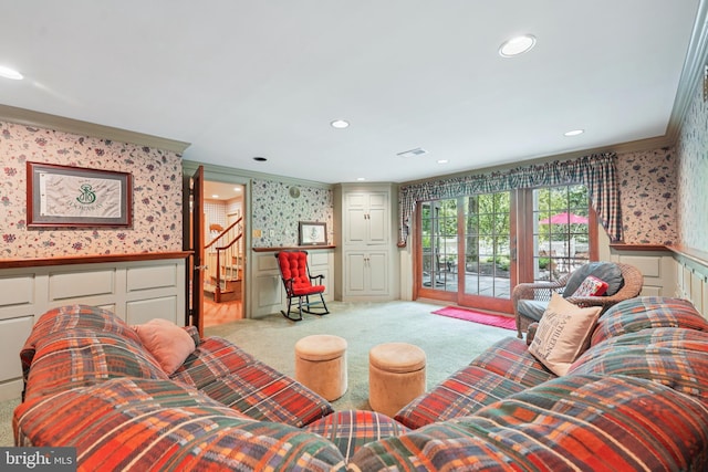 4250 Fretz Mill Rd, New Hope, PA 18938 - living area with wallpapered walls, crown molding, carpet, stairway, and wainscoting