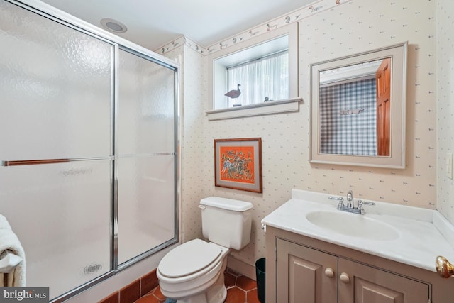 4250 Fretz Mill Rd, New Hope, PA 18938 - bathroom featuring a shower stall, vanity, tile patterned floors, and wallpapered walls