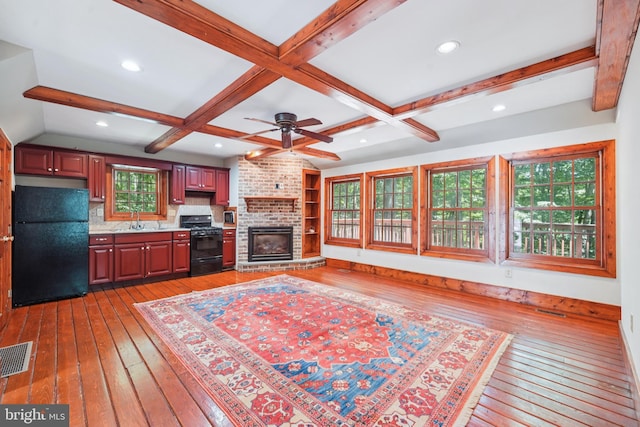 4250 Fretz Mill Rd, New Hope, PA 18938 - living room with hardwood / wood-style floors, beamed ceiling, ceiling fan, and recessed lighting