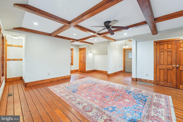 4250 Fretz Mill Rd, New Hope, PA 18938 - living area featuring hardwood / wood-style floors, coffered ceiling, ceiling fan, beamed ceiling, and recessed lighting