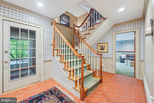 4250 Fretz Mill Rd, New Hope, PA 18938 - staircase with wallpapered walls, a wainscoted wall, a baseboard radiator, recessed lighting, and a decorative wall