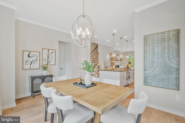 11724 Paysons Way, Reston, VA 20191 - dining space featuring stairway, a chandelier, light wood-style flooring, ornamental molding, and recessed lighting