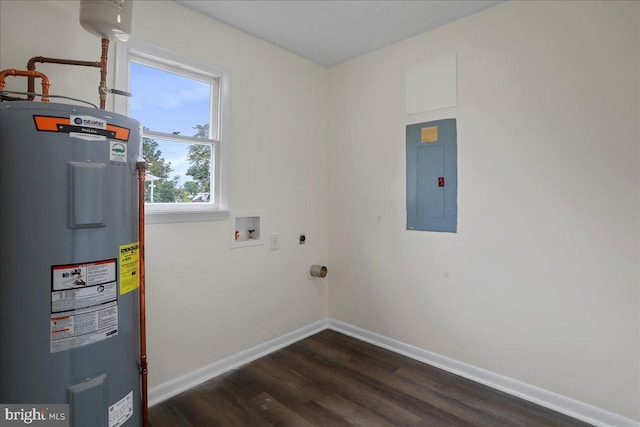 116 Somerset Dr, Stephens City, VA 22655 - washroom featuring electric water heater, electric panel, hookup for a washing machine, electric dryer hookup, and dark wood-type flooring