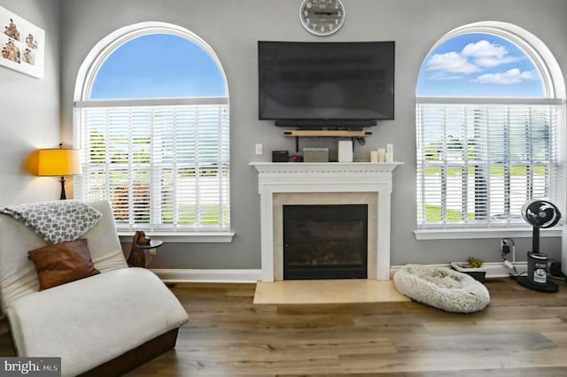 70 Marjessa Dr, Gilbertsville, PA 19525 - living area featuring healthy amount of natural light, a glass covered fireplace, and wood finished floors