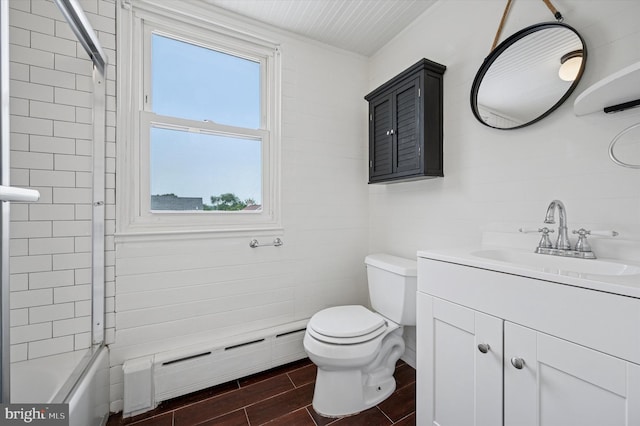 208 Edgemont Ave, Ardmore, PA 19003 - full bathroom with a baseboard heating unit, wood finish floors, vanity, and enclosed tub / shower combo