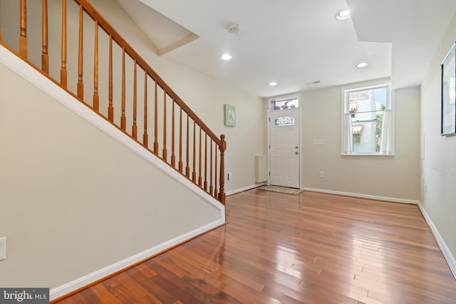 3343 Paine St, Baltimore, MD 21211 - foyer entrance featuring stairway, wood finished floors, and recessed lighting